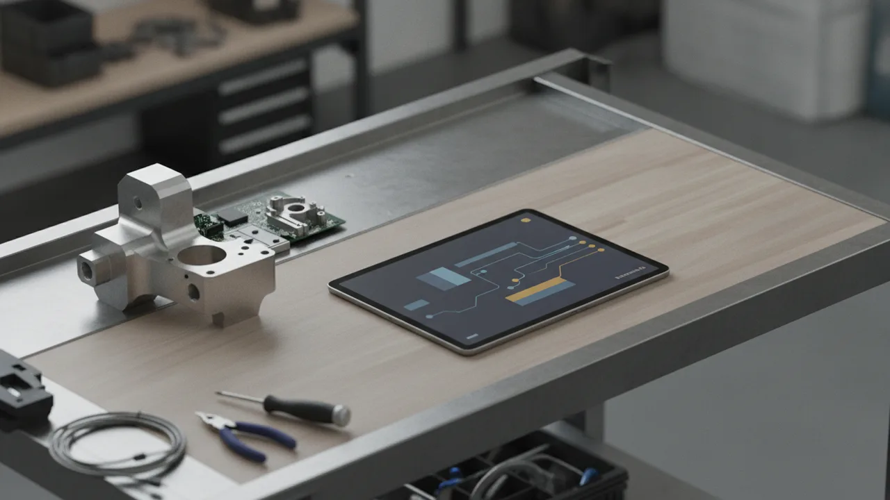 Werkbank eines mittelständischen Betriebs mit einem gefertigten Werkstück und einem Tablet, das ein abstraktes Prozess-Dashboard zeigt – natürliches Licht, ohne Personen