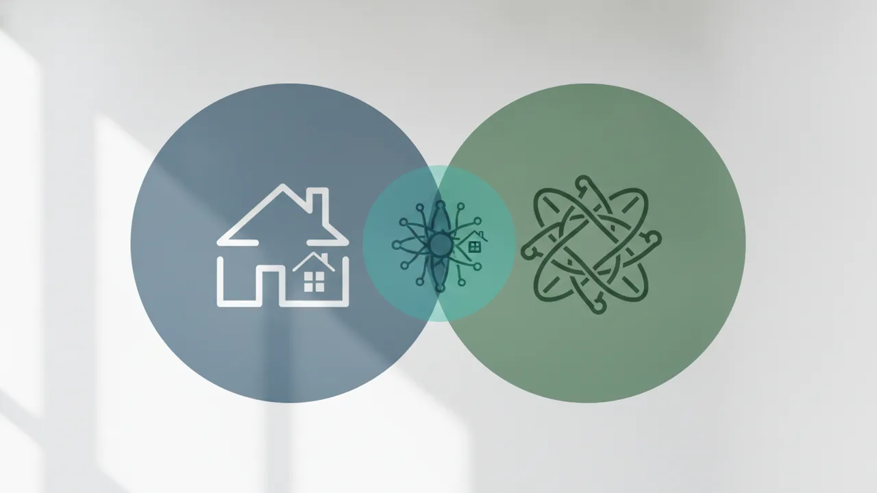 Zwei überlappende Kreise mit abstraktem Haus- und Netzwerk-Symbol – minimalistische Begriffseinordnung auf hellem Grund