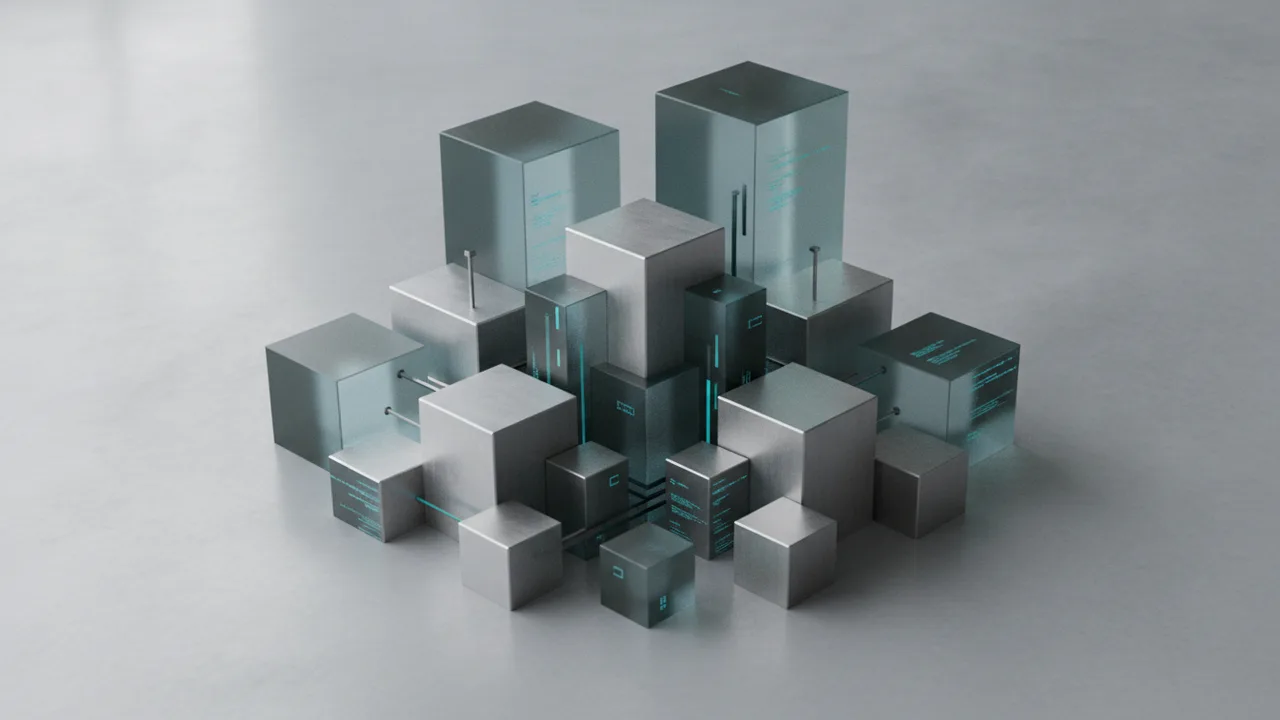 Modulblöcke unterschiedlicher Größe, die sich zu einer wachsenden Software-Architektur zusammensetzen – Symbol für die Kostenfaktoren individueller Softwareentwicklung