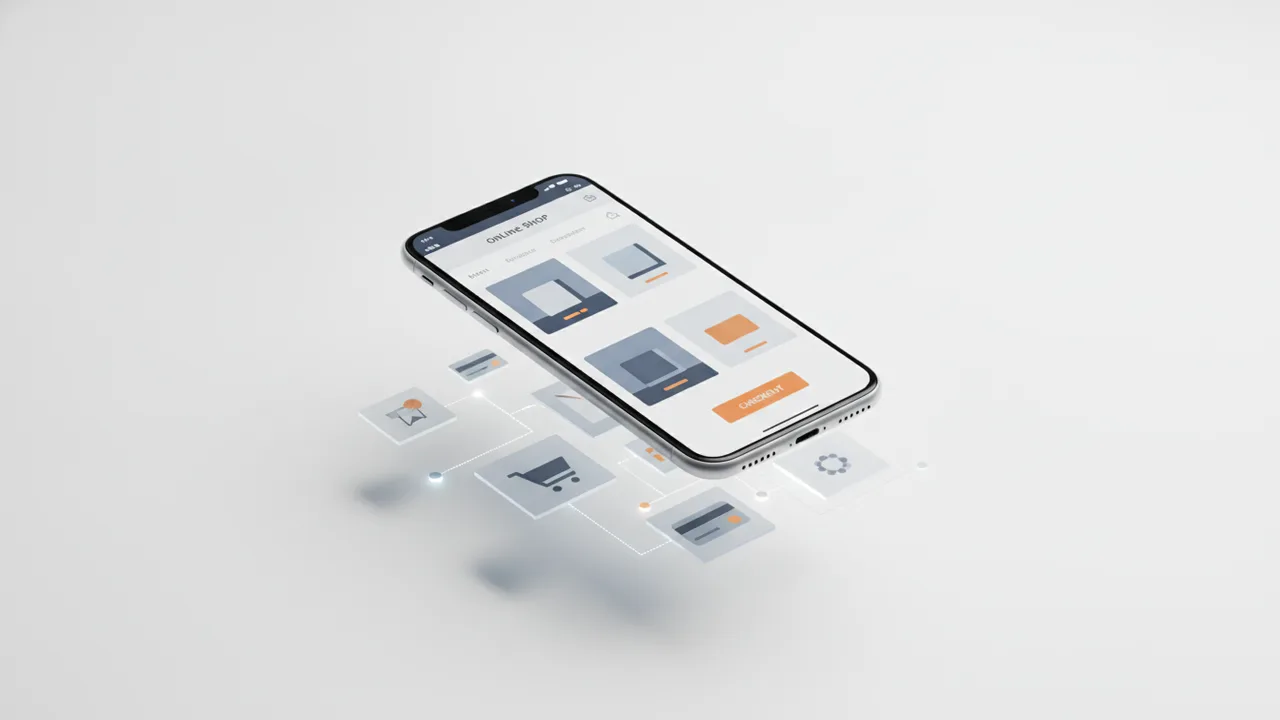 Schwebendes Smartphone mit stilisierter Shop-Oberfläche in hellem Produktfoto-Umfeld – ohne sichtbare Person
