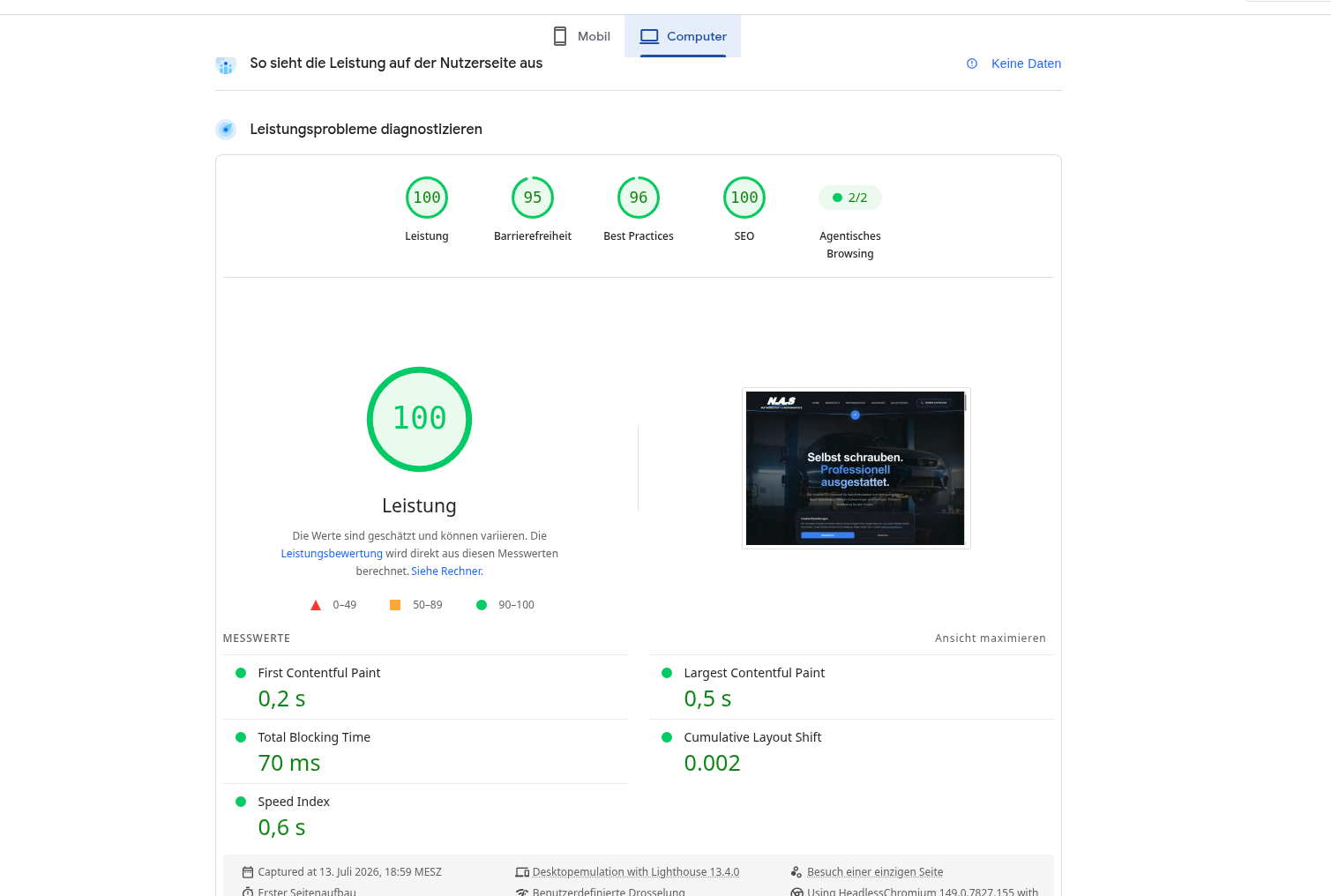 PageSpeed Insights Desktop Ergebnis: 100 Punkte Leistung - IntelliCode-Solutions