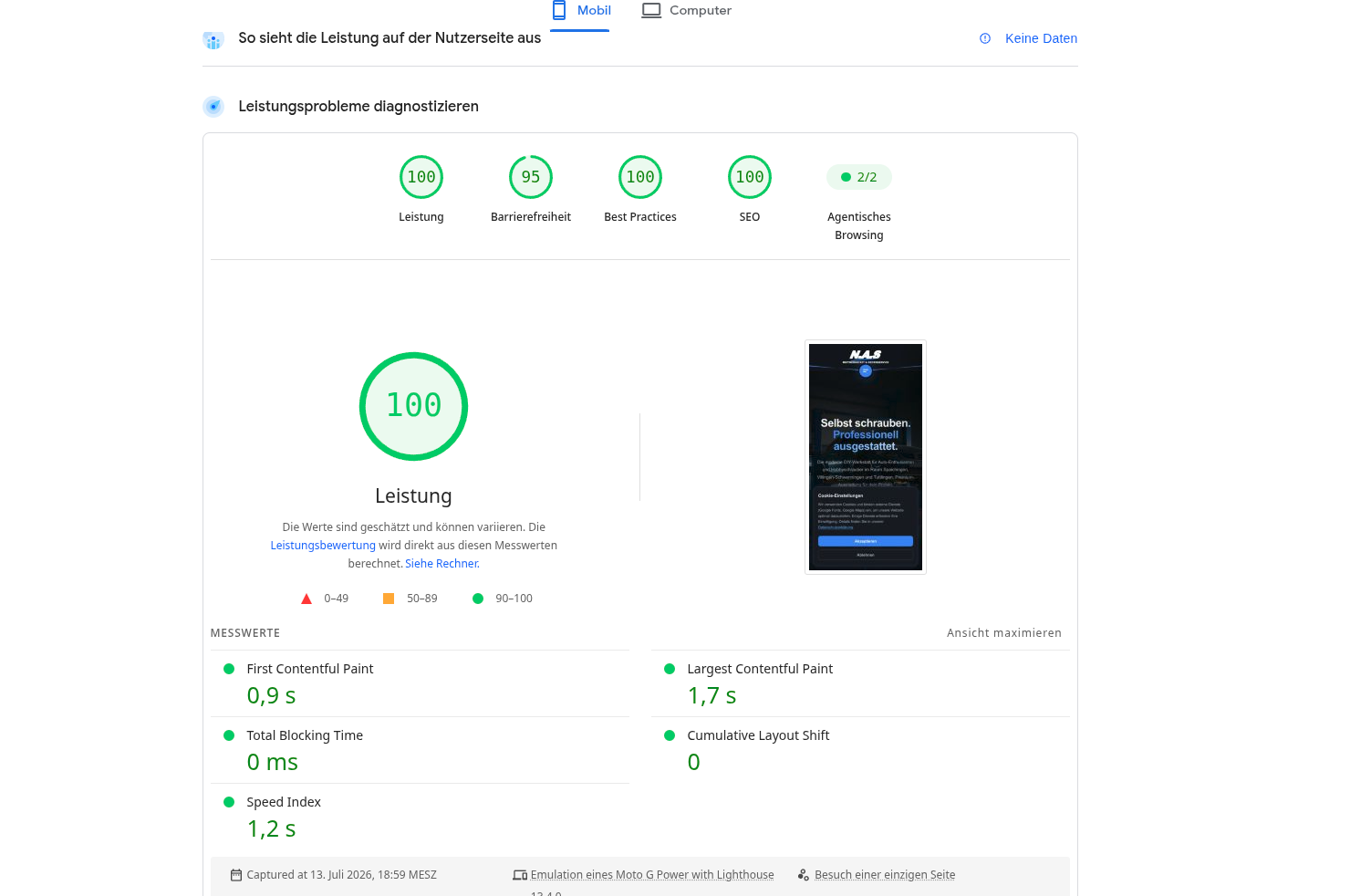 PageSpeed Insights Mobile Ergebnis: 100 Punkte Leistung - IntelliCode-Solutions