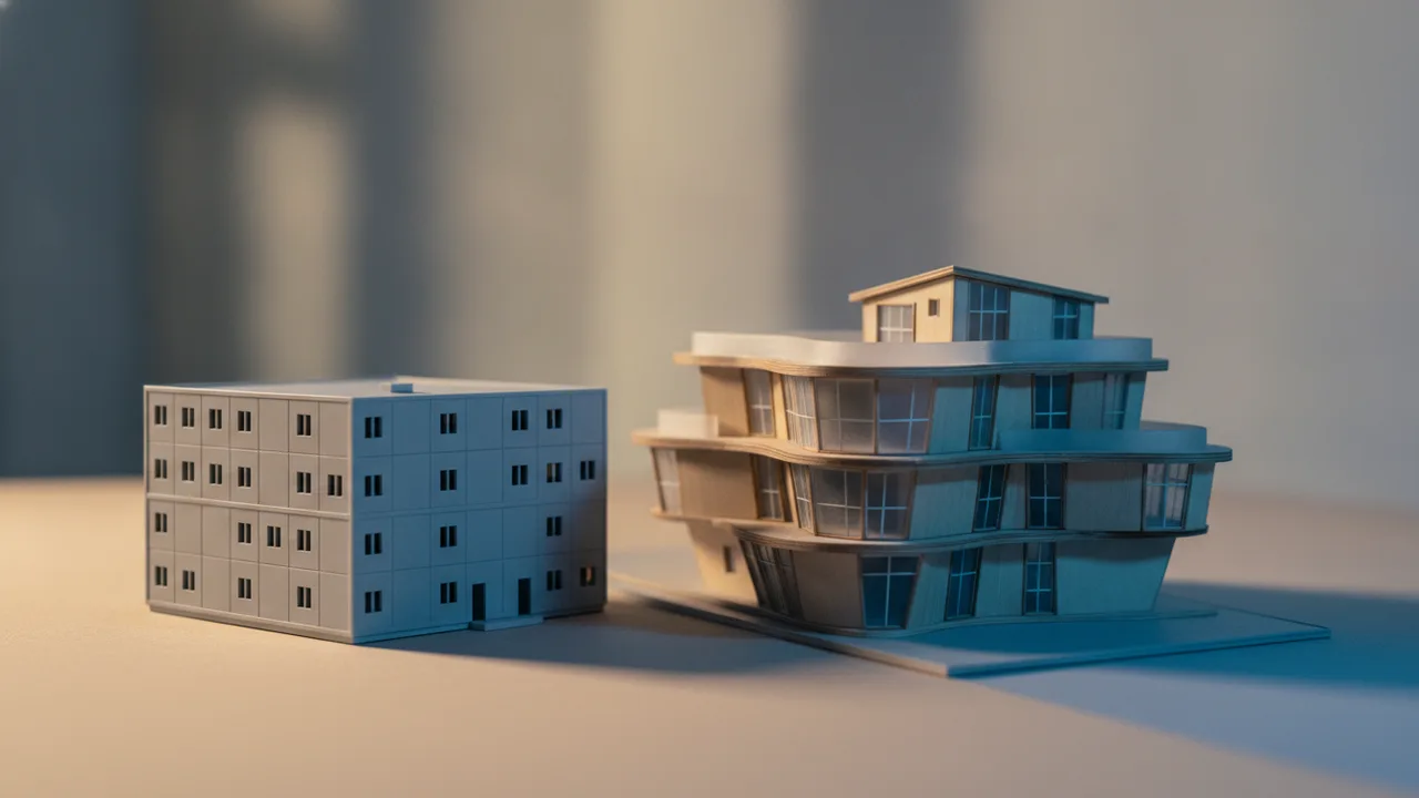 Fertighaus-Modell neben einem Architektenmodell auf einer hellen Fläche – minimalistische, warme Darstellung
