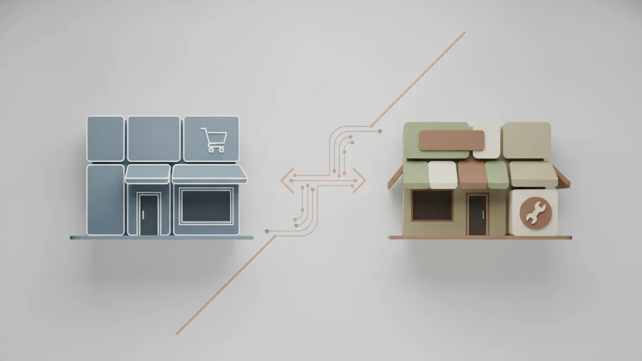 Zwei stilisierte Shopfronten einander gegenübergestellt, mit neutralen Symbolen – isometrische Darstellung