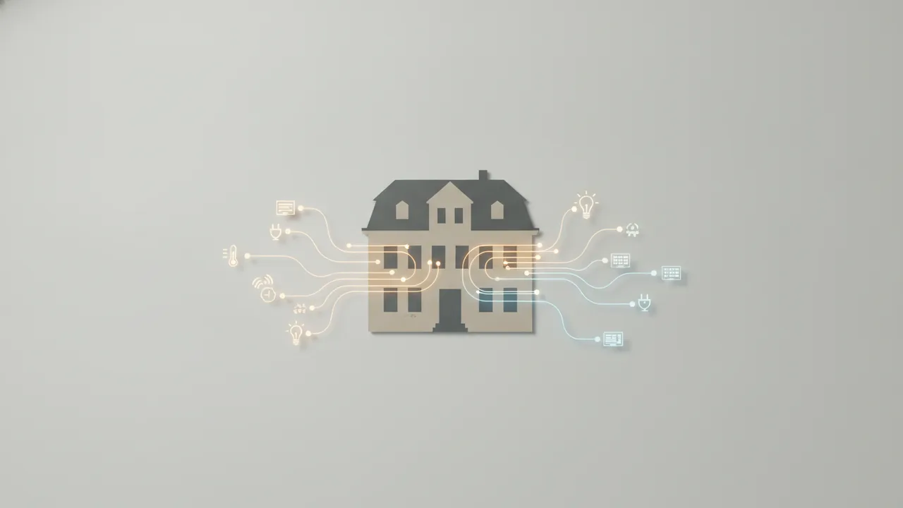 Silhouette eines bestehenden Hauses, in die sanft leuchtende abstrakte Steuerungssymbole einziehen – warme, sachliche Atmosphäre
