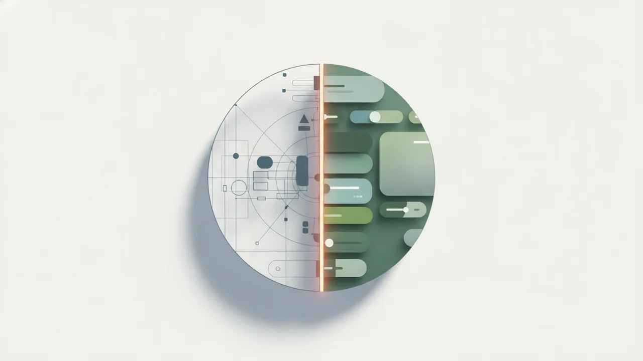 Ein Interface-Symbol in zwei Hälften geteilt – links als Drahtgerüst, rechts als gestaltete Oberfläche – minimalistisch auf hellem Grund