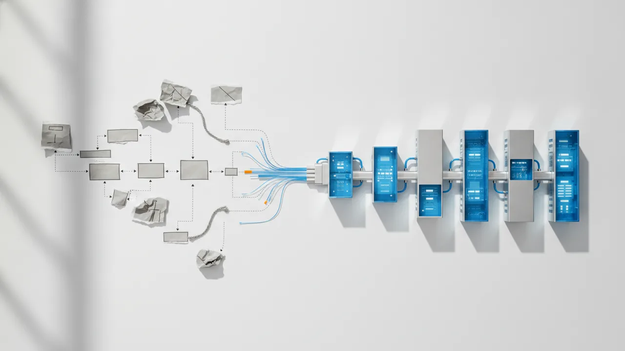 Workflow-Diagramm, dessen linke manuelle Schritte aus Papier symbolisiert sind und nach rechts in sauber verbundene automatisierte Module übergehen – klare blaue Farbwelt