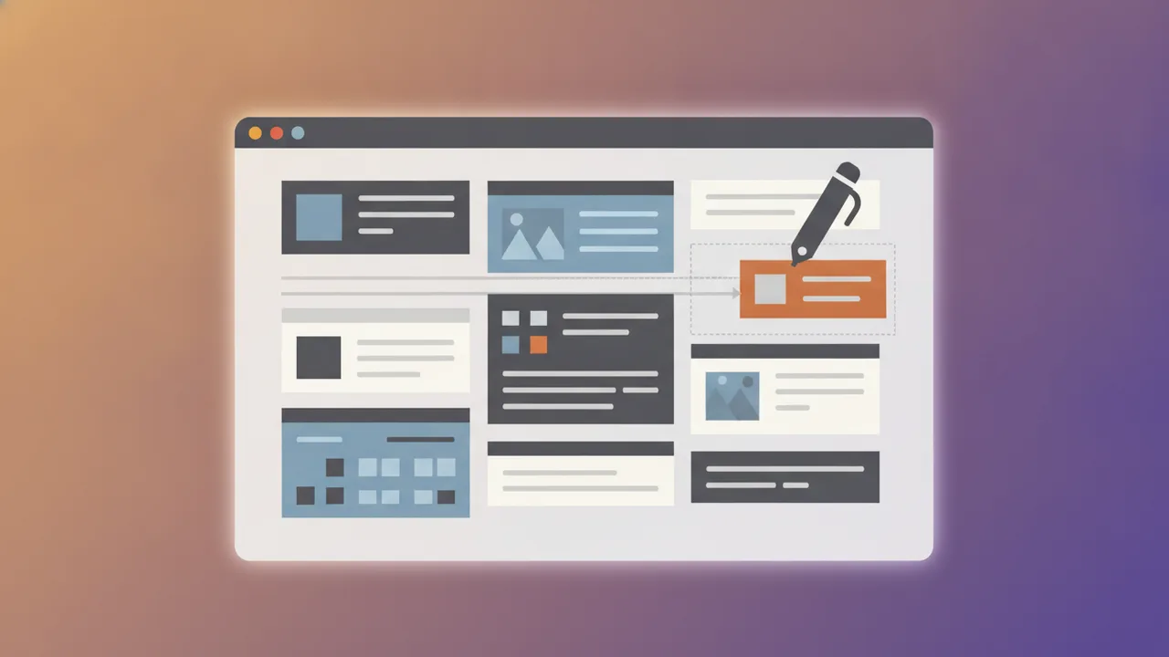 Stilisiertes Redaktions-Interface mit Text- und Bildblöcken, die per Stift verschoben werden – flache Illustration zum Thema Content Management System