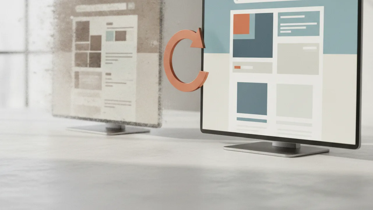 Zwei Website-Versionen nebeneinander – links verblasst und alt, rechts klar und neu – mit einem Rundpfeil dazwischen als Symbol für den Relaunch