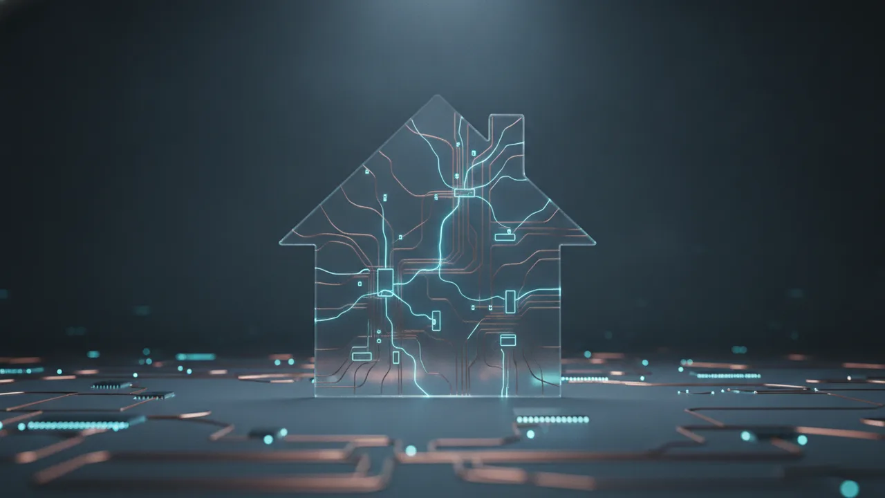 Stilisierte Haus-Silhouette mit sichtbarem Nervensystem aus Leitungen – Symbol für den KNX-Standard in der Gebäudeautomation