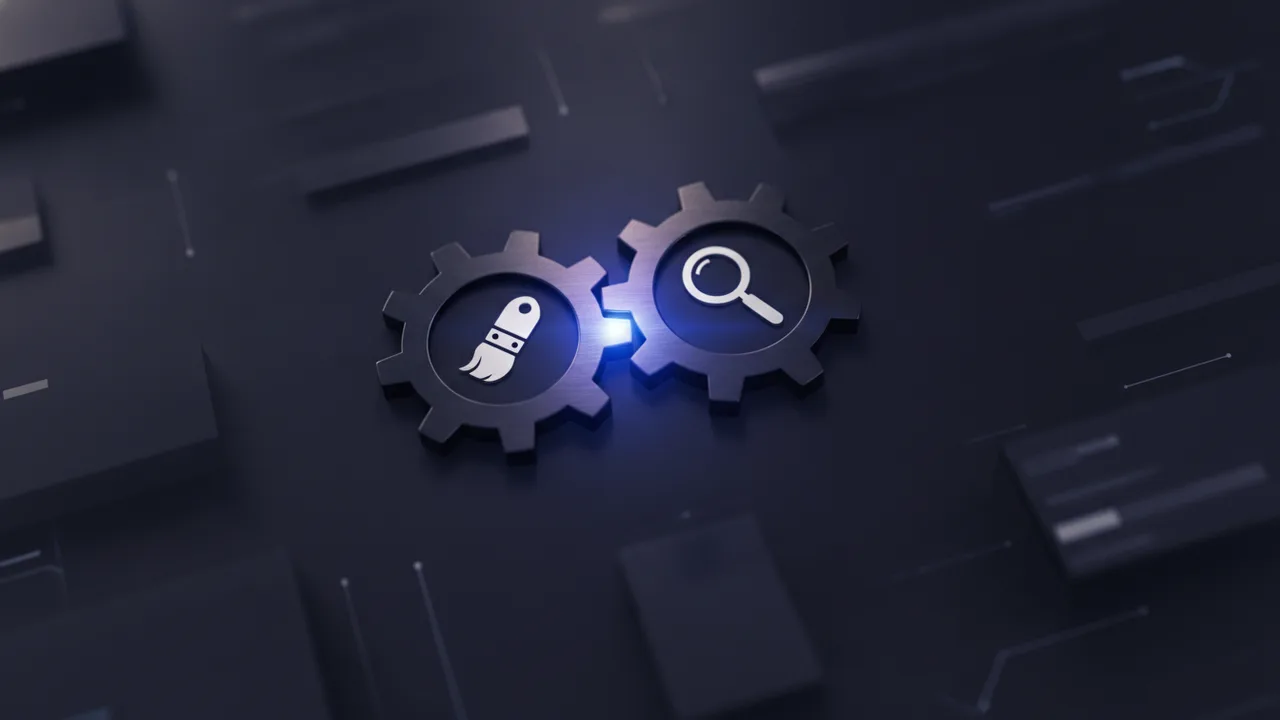 Zwei ineinandergreifende Zahnräder, eines mit Pinsel-Symbol, eines mit Lupen-Symbol, auf dunklem Hintergrund mit einem farbigen Akzent – minimalistische Darstellung