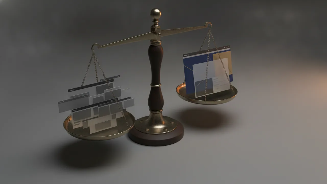 Waage, auf deren beiden Schalen unterschiedlich gestaltete Website-Layouts liegen – Symbol für den sorgfältigen Anbietervergleich