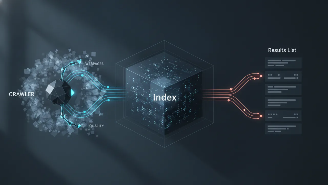 Abstraktes Fließschema von einem Crawler über einen Index bis zur Ergebnisliste – dunkle Darstellung mit präzisen Linien