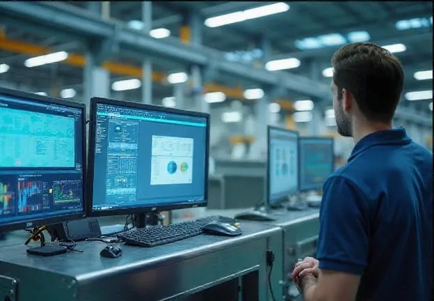 Techniker bei der Wartung einer SPS-gesteuerten Produktionsanlage
